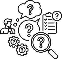 Line art illustration depicting a person thinking with question marks magnifying glass gears checklist and speech bubbles representing questions problem solving research and uncertainty