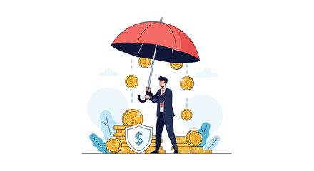 Protecting financial investments with an umbrella protecting against falling coins and a shield ensuring security and stability