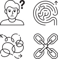 Conceptual illustration of problem solving confusion and obstacles featuring a question mark maze tangled lines and crossed chains in a clean minimalist line art style