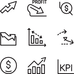 Collection of business and finance vector icons representing growth loss profit KPI and financial analysis in a minimalist black and white style for presentations
