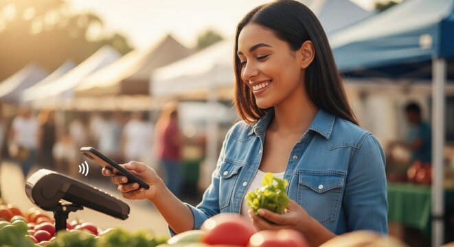 Woman making a contactless NFC payment at a farmers' market.