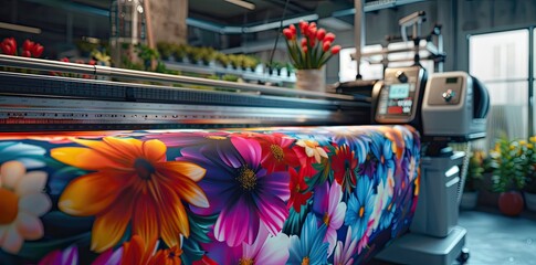 A large industrial printing machine is producing a floral pattern on fabric