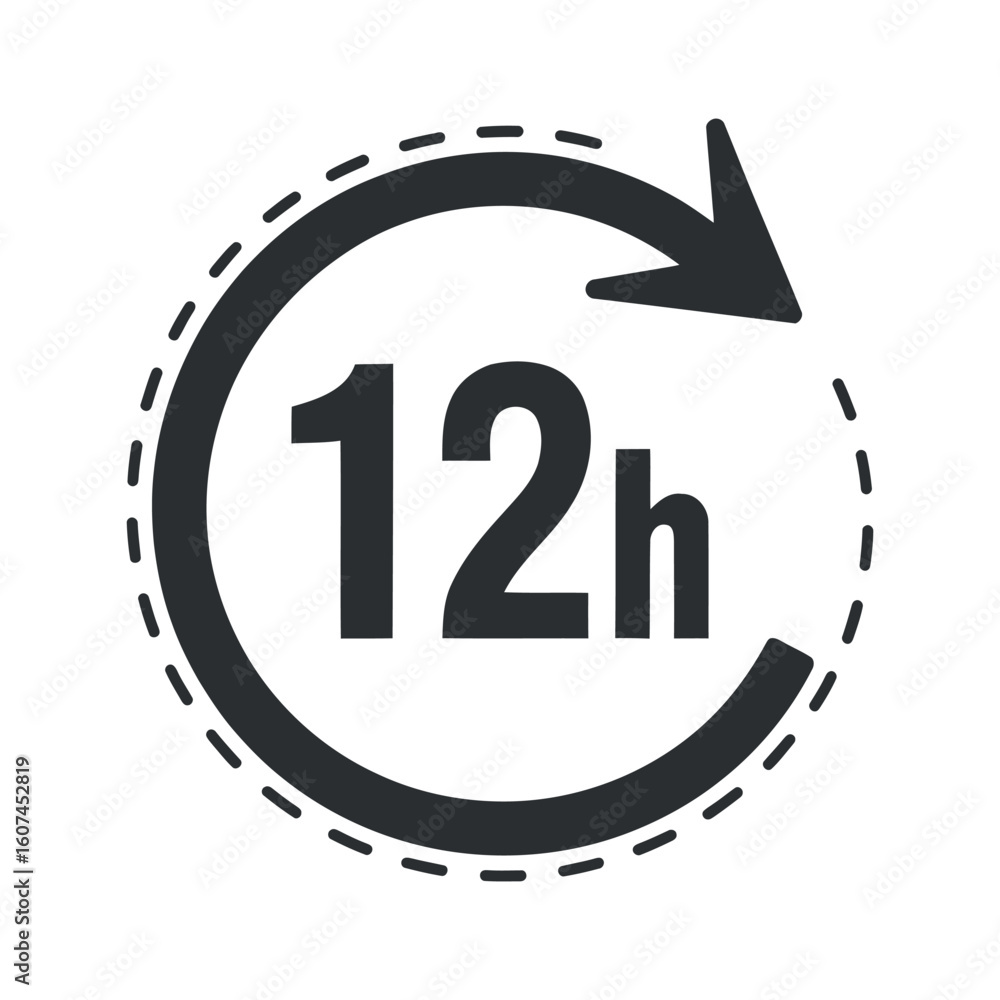 Poster 12 hour service icon depicting time availability with a circular arrow and dashed outline on a clean