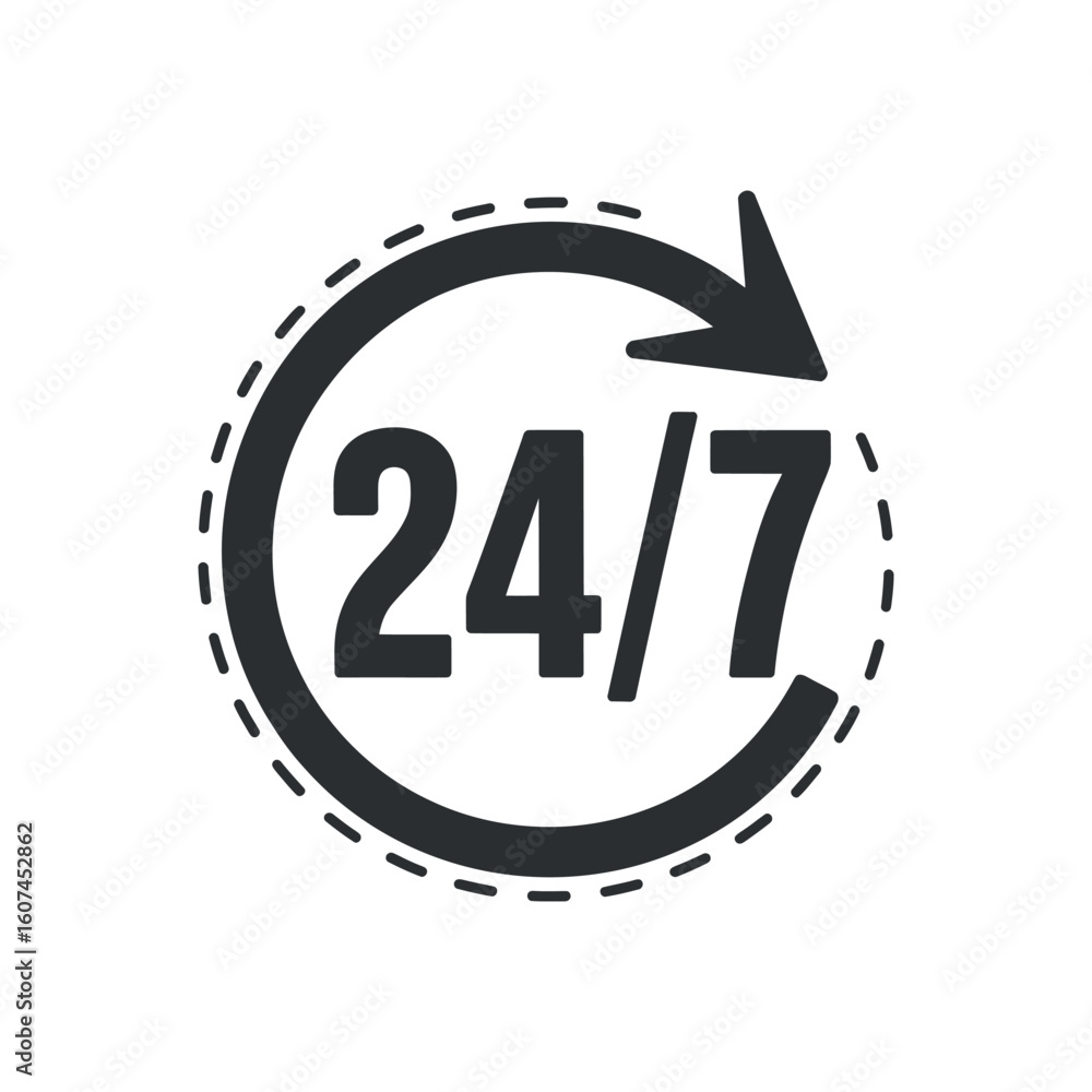 Poster 24/7 Service Icon Representing Continuous Availability with a Circular Arrow and Dashed Outline on a White Background