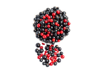 Black and red currants in bowl – top view, isolated on transparent background, PNG