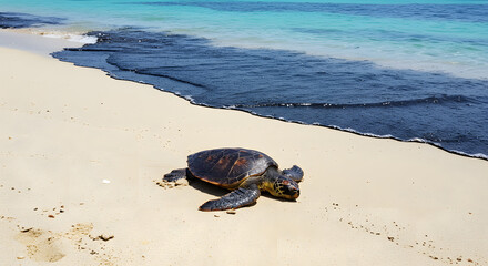 Sea Turtle on Polluted Beach with Oil Spill in Ocean