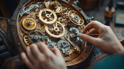 Close-up view of intricate clockwork mechanisms being meticulously repaired.
