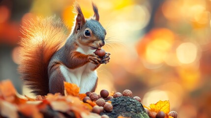 A close-up of a squirrel gathering acorns, autumn colors 