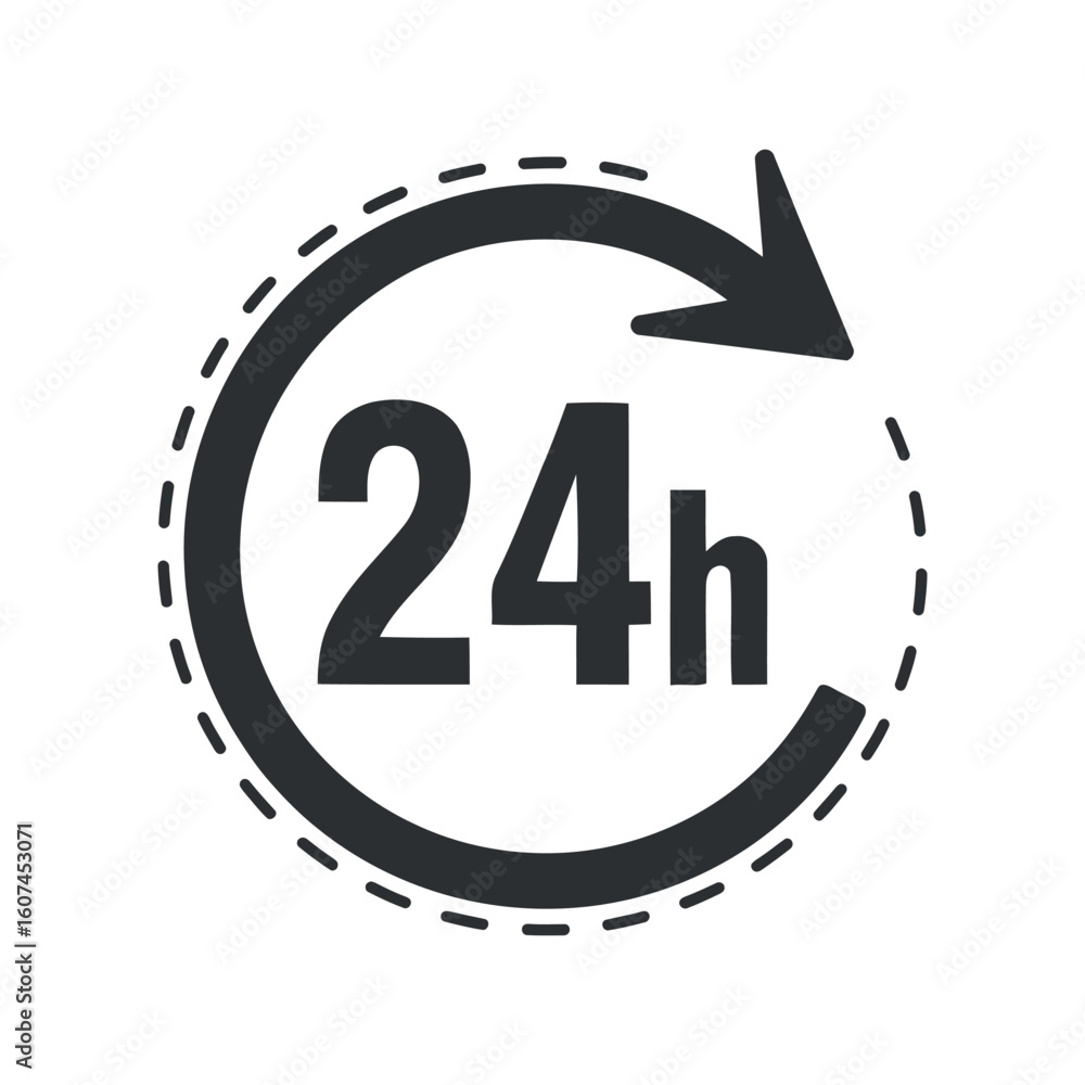 Poster 24 hour service icon representing full day availability with a circular arrow and dashed outline on 
