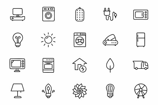 A crisp and modern icon bundle showcasing everyday appliances and devices with energy-efficient features. Perfect for product labeling, appliance brochures, consumer education, and sustainability rati
