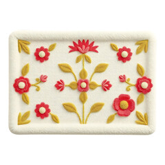 Embroidered Floral Doily Decorative Mat with Red Blossoms and Gold Leaves