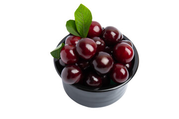 Bowl of sweet cherries – top view, isolated on transparent background, PNG