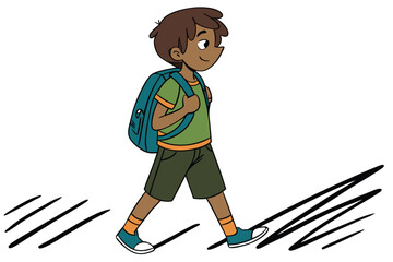 Young boy walking with backpack green shirt brown shorts