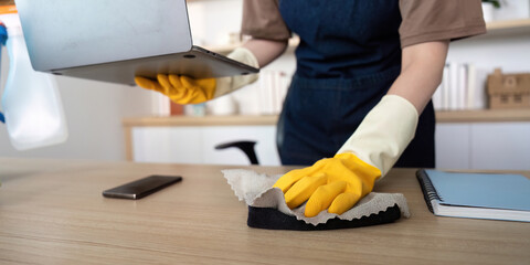 Home Cleaning. Young woman diligently wiping her desk in a stylish home office.