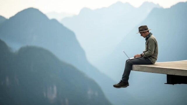 A man works on his laptop while sitting on the edge of a cliff overlooking majestic mountains, embracing the digital nomad lifestyle
