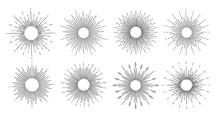 Collection of decorative sunburst starburst bursting radial circular ornaments retro vintage style elements for design projects and illustrations