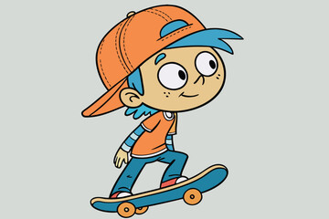 Young boy with blue hair and orange cap skateboarding cartoon