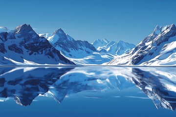 Alpine lake surrounded by jagged snow-covered peaks, reflecting a clear blue sky 