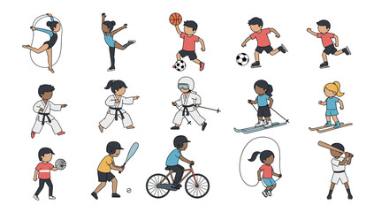 Diverse group of children actively participating in a variety of popular sports and recreational activities representing healthy lifestyles