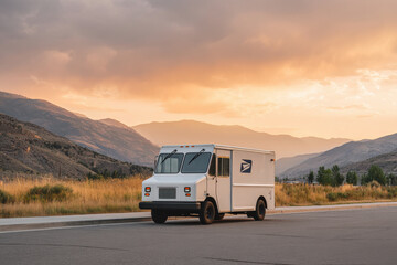 Obraz premium postal delivery vehicle stands majestically against backdrop of ultrabright sunset embodying essence of reliability