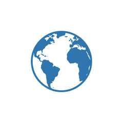 Stylized Blue Globe Icon with Visible Continents and Outline.