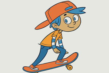 Young boy with blue hair wearing orange cap and shirt riding skateboard vector