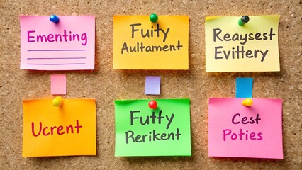 Colorful sticky notes with handwritten words are pinned to a corkboard, representing ideas and...