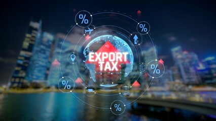 Global Export Tax Concept with Arrow Symbol over Cityscape at Night, Representing Tariffs and Economic Policy Impact on International Trade. Consignment.