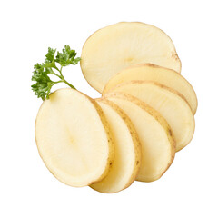 Freshly sliced potatoes with parsley isolated on transparent background