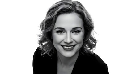 A black and white portrait of a smiling woman with curly hair wearing a dark jacket on a white background