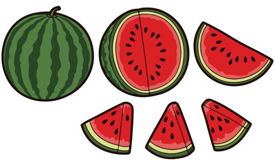 Watermelon Slice Vector Set: Colorful Fruit Illustrations in Various Cut Styles – Half, Quarter, and Triangle Slices with Seeds for Summer Designs