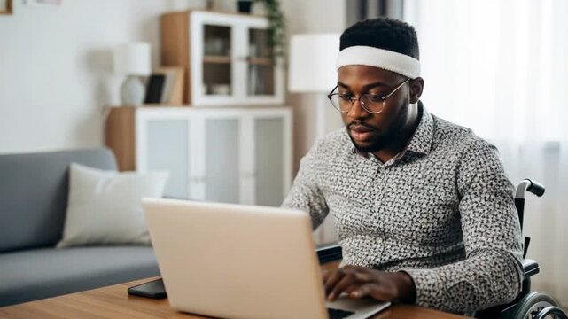 A man in a wheelchair is working on his laptop at home, showcasing accessibility and modern technology
