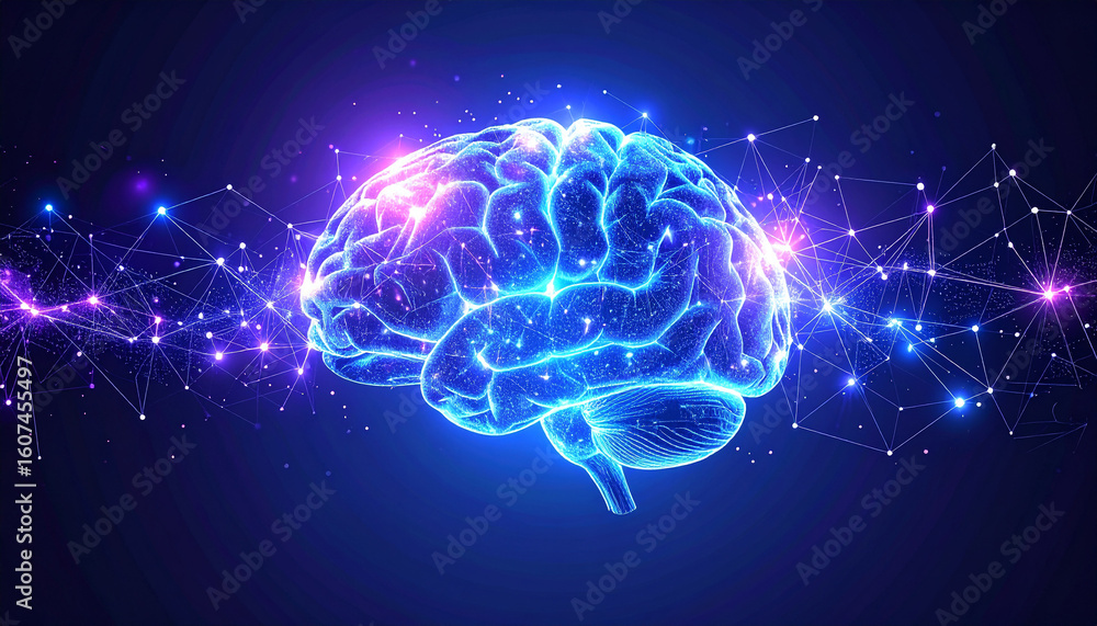 Poster brain intelligence: a glowing, futuristic rendering of a human brain, interconnected with a network 