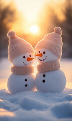 Two cute little snowmen in snow at sunrise, friends and charming scene