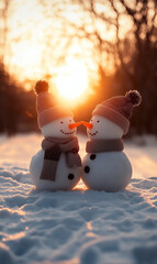 Two cute little snowmen in snow at sunrise, friends and charming scene