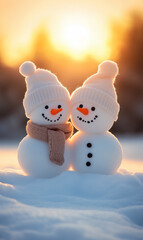 Two cute little snowmen in snow at sunrise, friends and charming scene