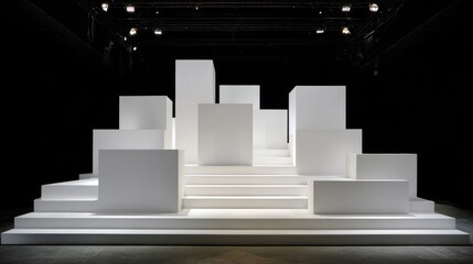 White, geometric, tiered platform in dark room