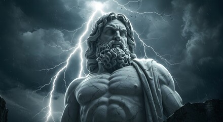 Majestic and Powerful Representation of Zeus Surrounded by Stormy Skies and Lightning