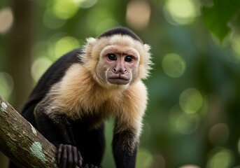 A wild white-headed capuchin monkey perched on a tree branch with a beautiful out-of-focus green forest background.