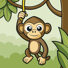 Obraz premium Cute cartoon monkey hanging from a vine animal
