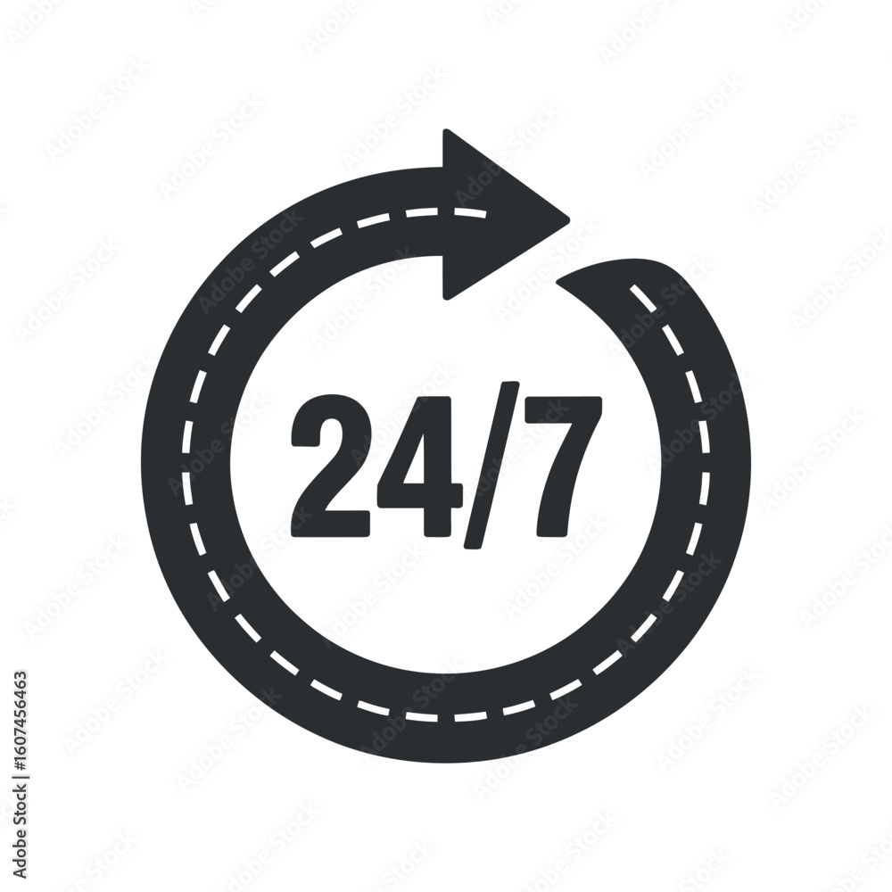 Poster always available 24/7 service icon a circular arrow design with road texture symbolizing continuous 