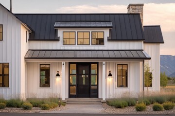 Fototapeta premium Experience the charm of this stunning modern farmhouse, featuring sleek architectural lines and a warm, inviting entrance, all set against a breathtaking rural backdrop.