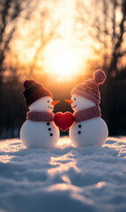 Snowman couple in love with two little snowmen in snow at sunrise, cute and charming
