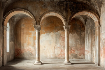 Arcaded Interior With Three Columns And Weathered Fresco Walls Under Soft Natural Light