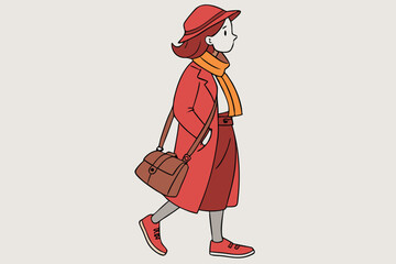 Young woman in red coat and hat walking with brown bag red hat orange scarf