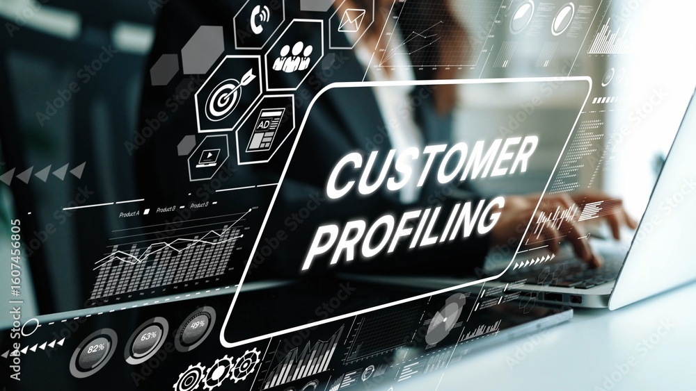 Poster professional businessman engaged in customer profiling with digital analytics and data visualization
