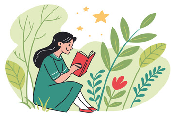 Young woman reading a book surrounded by nature and stars plants