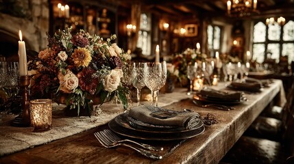Rustic autumnal dining table setting in a grand room
