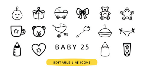 Collection of 25 line icons featuring baby items and themes, with elements related to construction and veterinary fields..eps