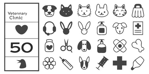 A collection of line icons illustrating veterinary clinic elements, such as pets, medical tools, and health care symbols..eps